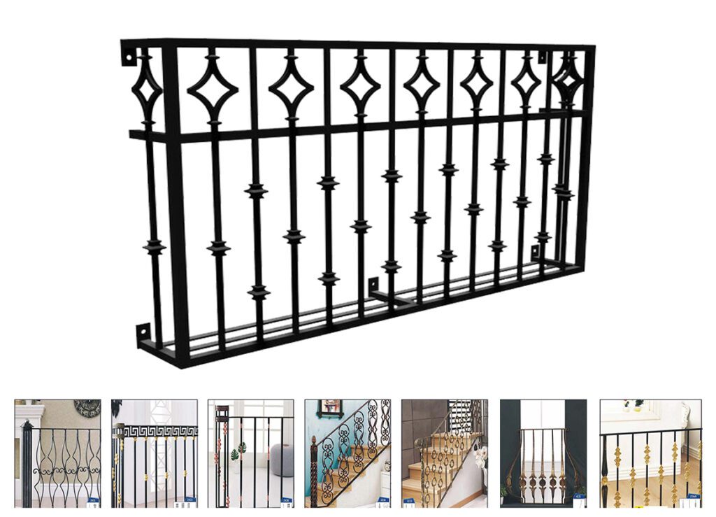 Siyah renkli, kare profilli, sağlam rijit metal barlardan üretilmiş geometrik baklava desenli ferforje balkon ve merdiven korkuluğu modelleri.