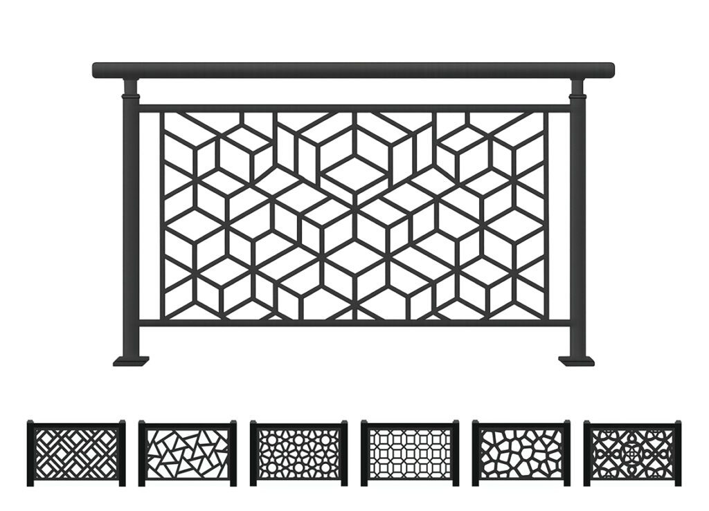 Siyah renkli, kare profillerle desteklenmiş, 3 boyutlu küp desenli CNC lazer kesim metal balkon ve merdiven korkuluğu ile altı farklı geometrik motifli panel seçeneği.
